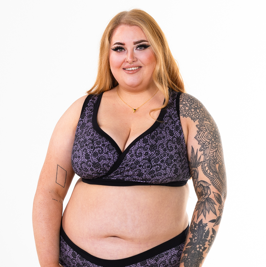 Bex wearing a non-wired fuller bust bra in Stormy Lace.